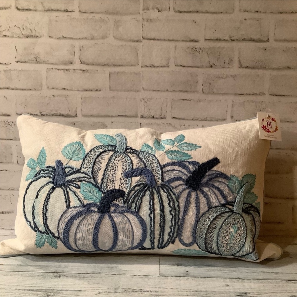 TOTAL HOME LTD. 24x14 Harvest Blue Pumpkins Embroidered Throw Pillow
